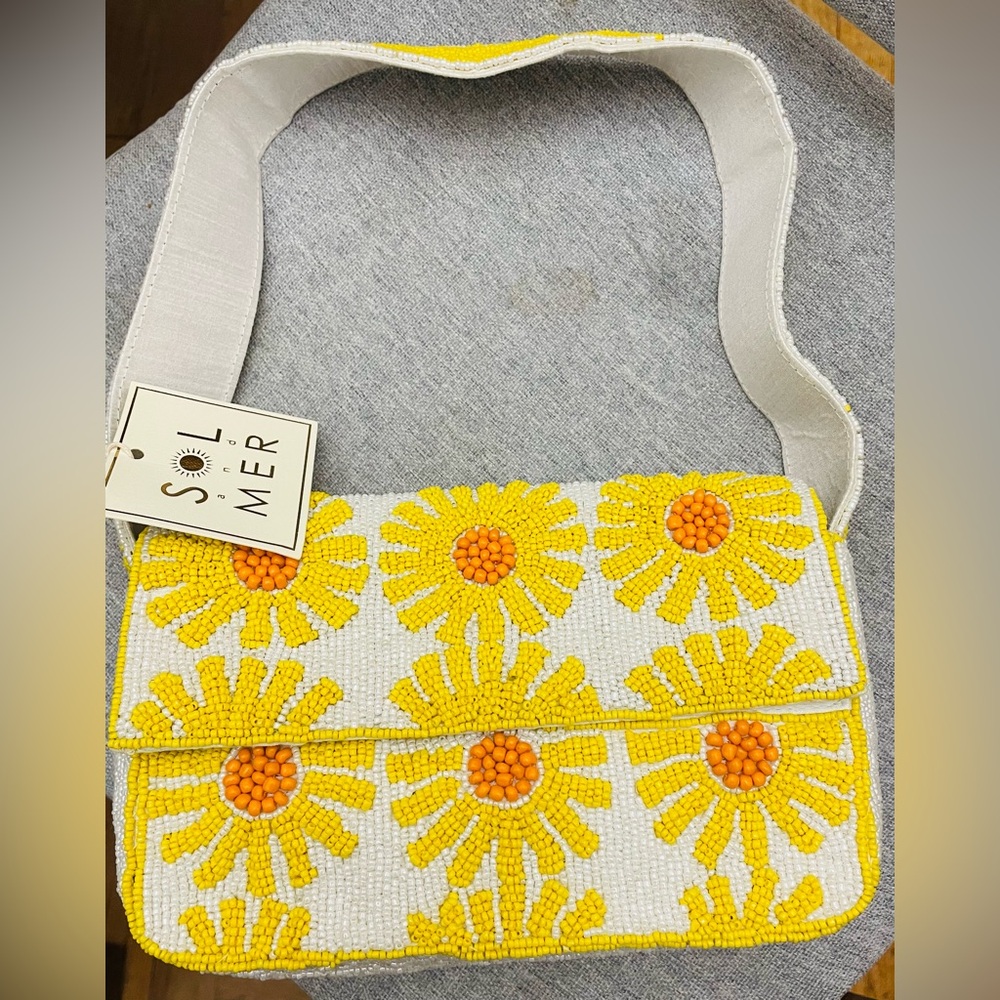 NEW NWT Sol and Mer yellow daisy beaded baguette bag